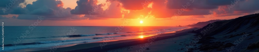 Fototapeta premium Noir sable et gravier escarpant vers l'horizon, paysage, oc?an, terre