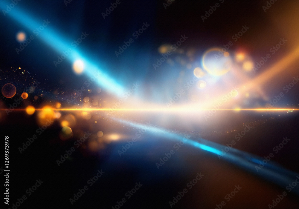 A dark abstract background with bokeh lights, a thin horizontal line of light, and a gradient of blue to orange. A dark abstract background with bokeh lights, a thin horizontal line of light, and a gradient of blue to orange.
