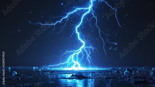 Abstract impact of lunar ice blue glowing lightning sparks effects anime on plain black background