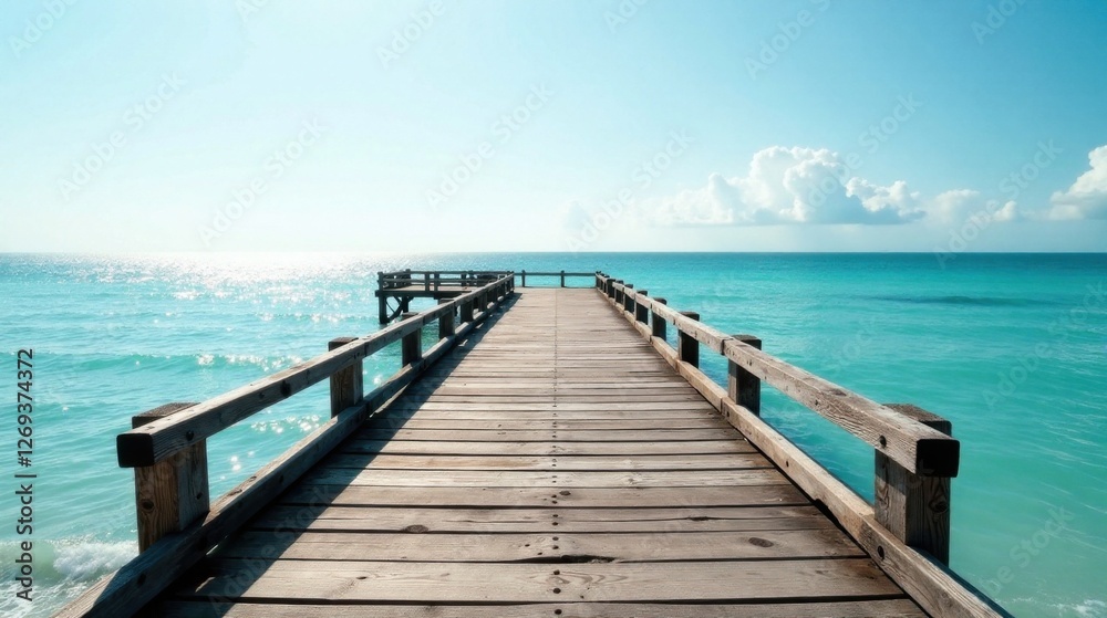 Wooden pier extending into a tranquil ocean under a bright sunny sky Wooden pier extending into a tranquil ocean under a bright sunny sky