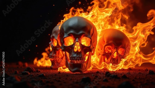Skulls and flames in a fiery explosion on a black background, burning skulls, skull flame, skulls aflame