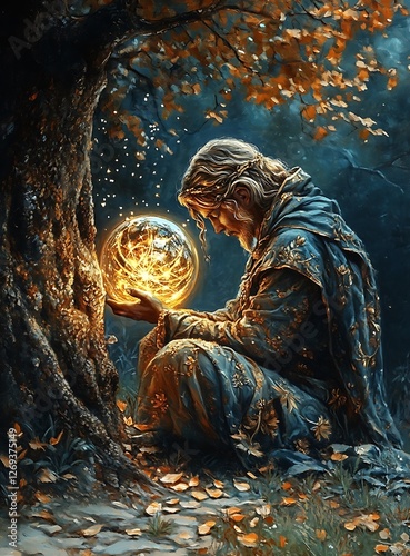 Enchanter Gazing At Luminous Orb In Forest Surrounded By Mystical Autumnal Foliage At Night Time