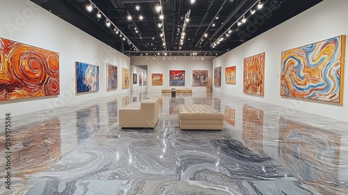 Modern art gallery interior, paintings on display, reflective floor, quiet atmosphere, ideal for art exhibition promotion