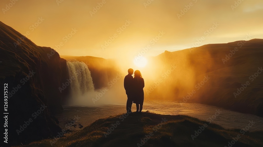 Fototapeta premium Couple silhouetted at sunset waterfall