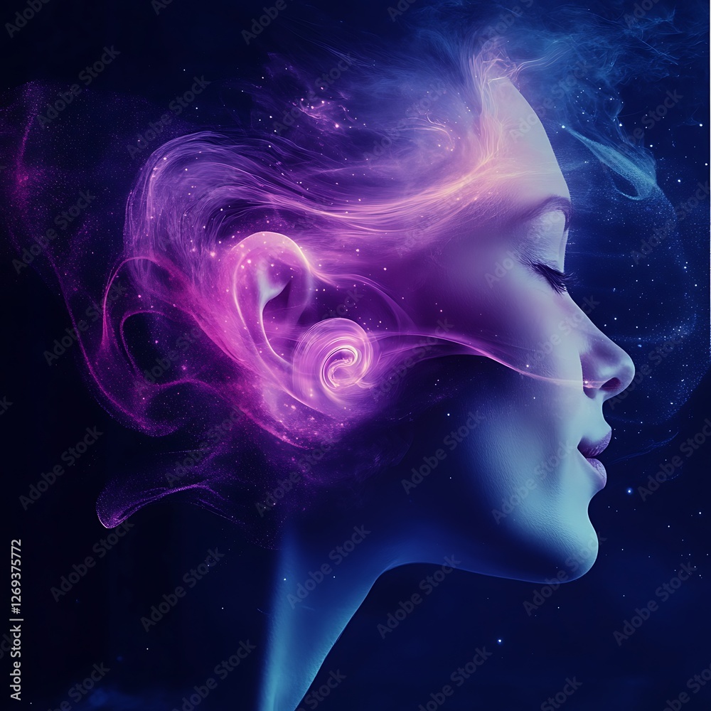Ethereal Face Wrapped in Cosmic Nebula Streams With Stars and Abstract Swirling Energies Ethereal Face Wrapped in Cosmic Nebula Streams With Stars and Abstract Swirling Energies