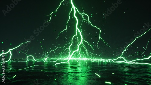 Abstract impact of neon green glowing lightning sparks effects anime on plain black background