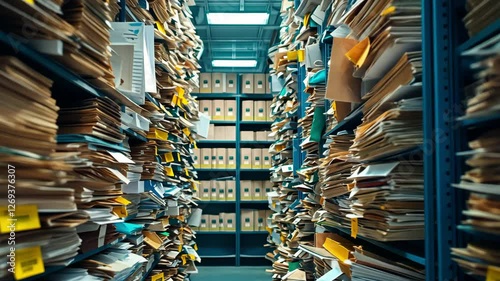 Cluttered Archive Room with Disorganized Papers and Files on Shelves Chaotic Atmosphere of Folders and Documents Needing Organization
