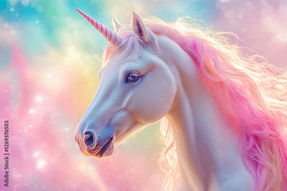 Fototapeta premium Whimsical pastel-colored illustration of a unicorn in a rainbow-colored sky
