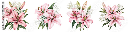 Stunning bouquet of lush pink lilies surrounded by green foliage and delicate white flowers in a beautiful floral arrangement  Soft feminine and romantic backdrop with a harmonious serene atmosphere