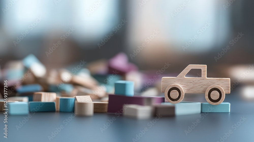 Wooden Toy Truck on Colorful Building Blocks Surrounded by Soft Focus Background Ideal for Playtime and Childhood Themes Wooden Toy Truck on Colorful Building Blocks Surrounded by Soft Focus Background Ideal for Playtime and Childhood Themes