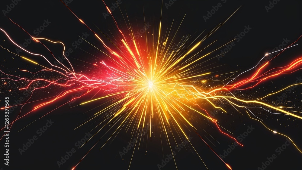 Abstract impact of pulsar yellow and vibrant coral glowing lightning sparks effects anime on plain black background Abstract impact of pulsar yellow and vibrant coral glowing lightning sparks effects anime on plain black background