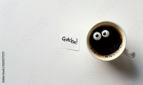 Coffee cup with plastic eyes staring at you like it's finally got you, with a gotcha! message aside