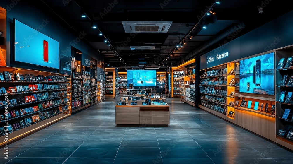 Modern electronics store interior, displays, products