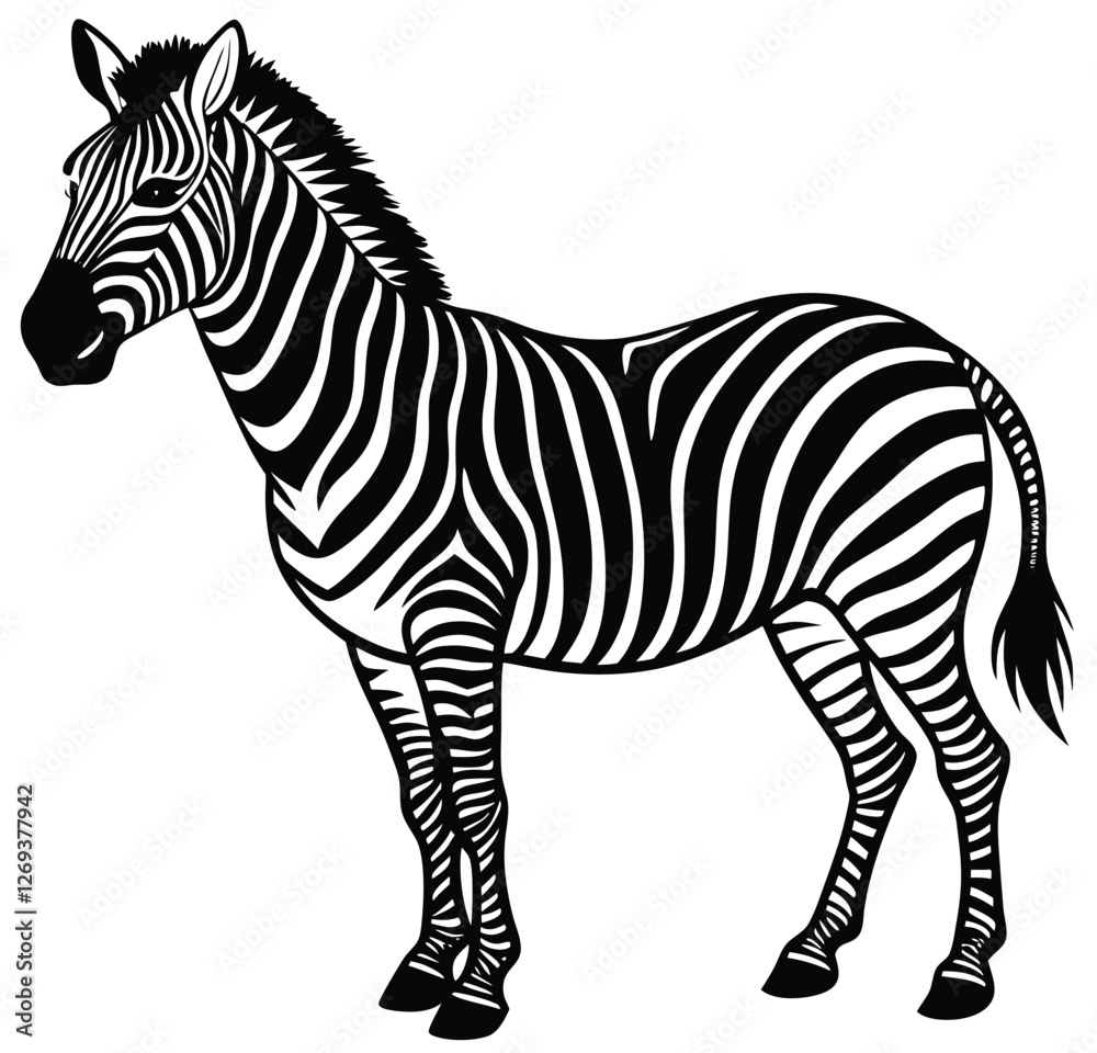 Fototapeta premium Striped zebra, a wild mammal with black and white stripes isolated on white, cartoon design vector sketch freehand outline hand drawn picture sketchy line art icon sign silhouette illustration