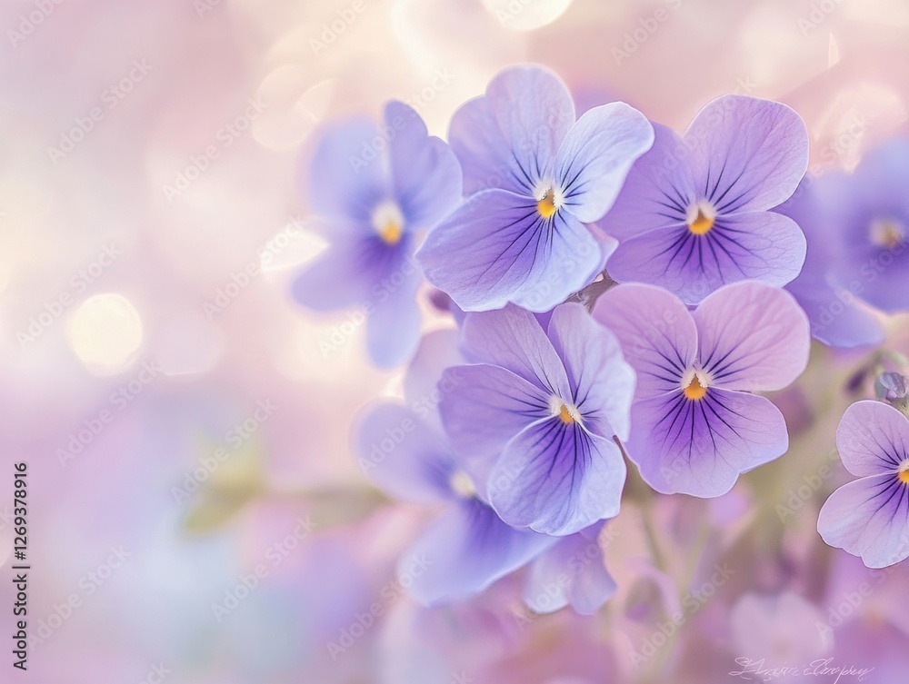 Soft purple violets blooming in a serene spring garden with a dreamy background Soft purple violets blooming in a serene spring garden with a dreamy background