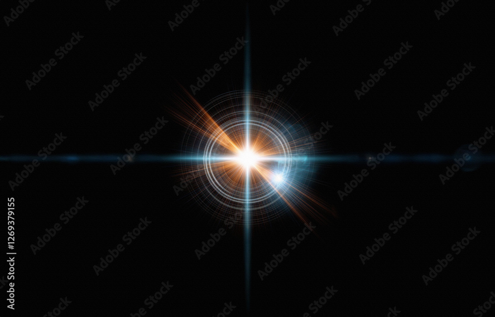 A bright blue light with a starburst effect surrounded by a circular halo of thin, white lines against a black background. A bright blue light with a starburst effect surrounded by a circular halo of thin, white lines against a black background.