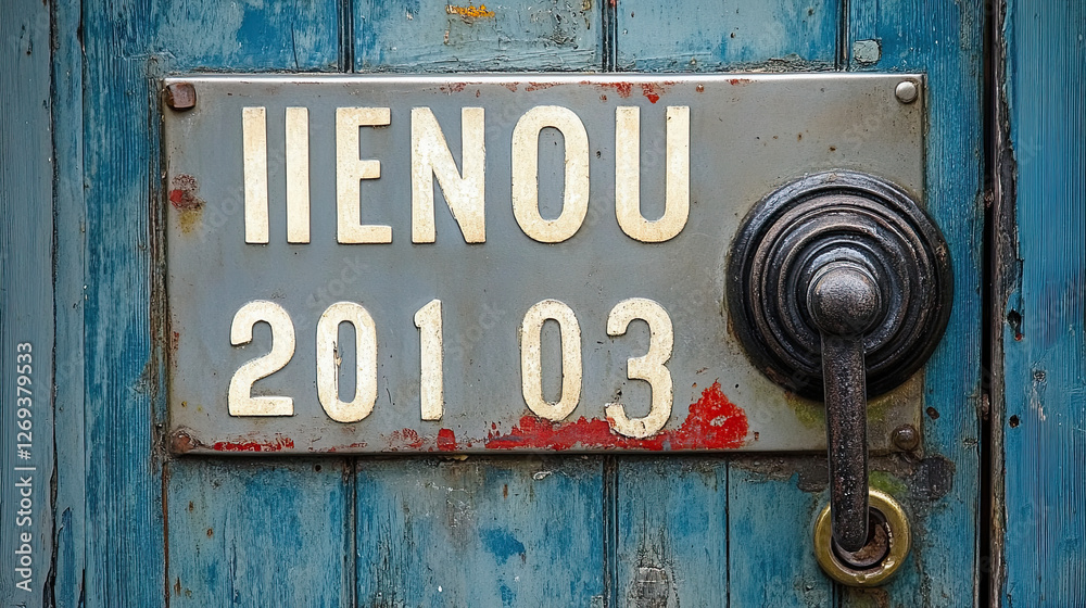 Weathered Door Plaque With “Iienou 20103” Engraved, Showcasing Rustic Charm and History in a Quaint Setting Weathered Door Plaque With “Iienou 20103” Engraved, Showcasing Rustic Charm and History in a Quaint Setting