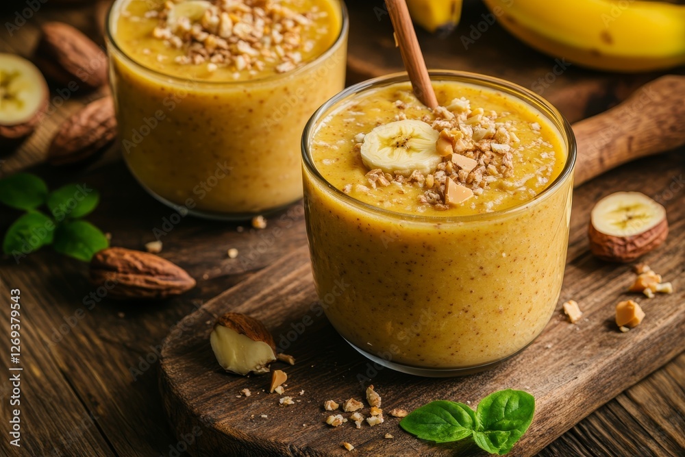 Creamy Banana Smoothie with Nuts and Oats on Wooden Background Creamy Banana Smoothie with Nuts and Oats on Wooden Background