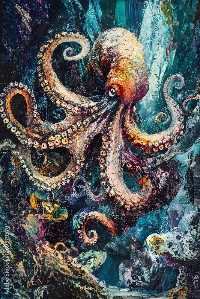 Fototapeta premium Captivating Surreal Octopus with Intricate Swirling Tentacles in Vibrant Oil Painting