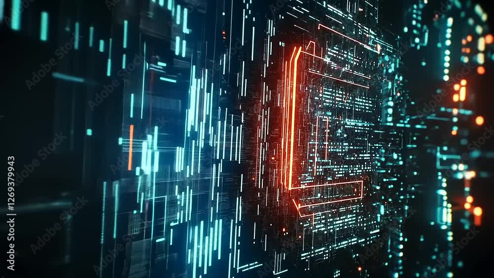 Abstract Digital Data Stream with Glowing Teal and Orange Lines