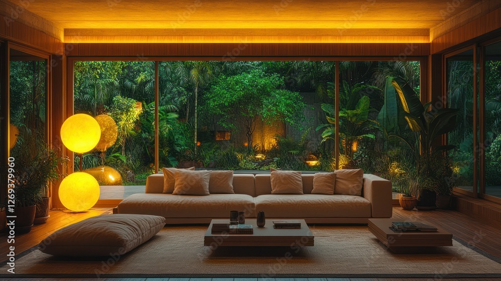 Fototapeta premium Tropical garden view living room evening relaxation