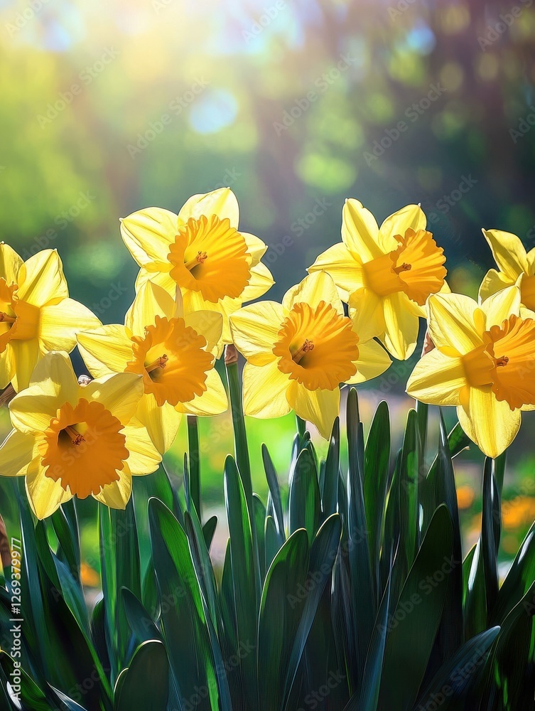 Obraz premium Amazing yellow huge bright daffodils in sunlight, Digital glitch effect