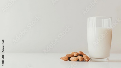 Glass of almond milk with almonds on white background