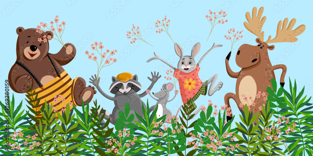 Naklejka premium Background with cute funny cartoon animals 