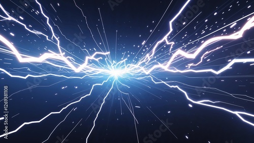 Abstract impact of supercharged white glowing lightning sparks effects anime on plain black background