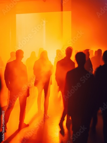 A creative and abstract image of people in silhouettes, bathed in vivid orange light at a business event. The bold lighting and abstract composition evoke a dynamic and modern atmosphere of innovatio photo