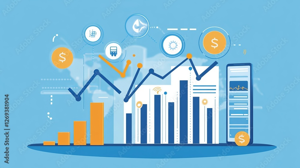 Fototapeta premium Business and economic growth on a global network featuring data analysis, financial banking insights, customer service innovation, advanced technology and data connectivity, teamwork collaboration, st