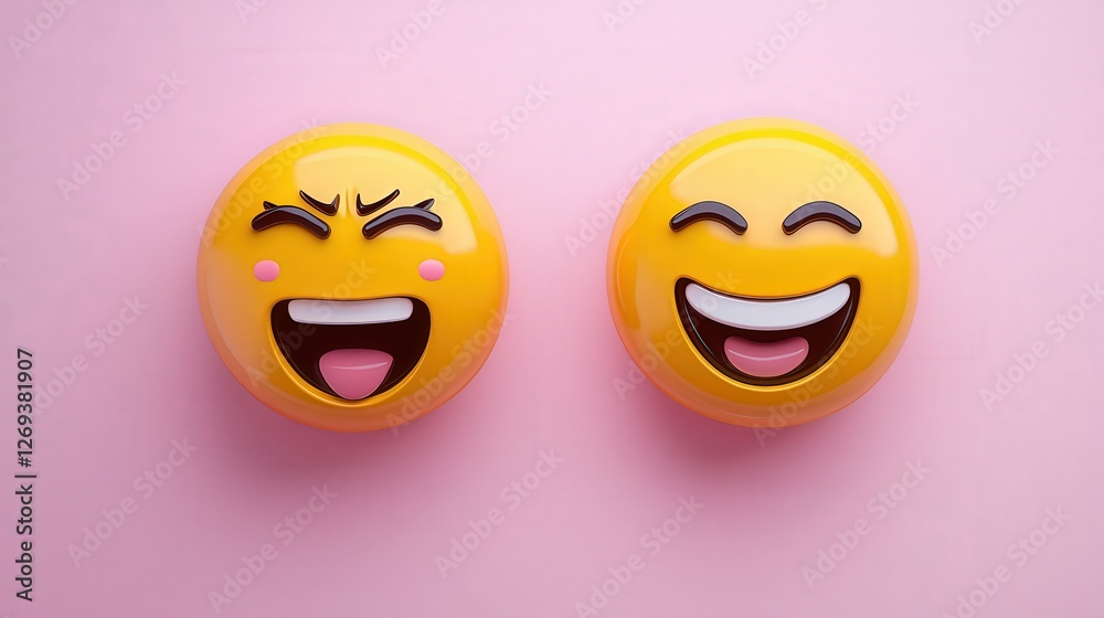 Fototapeta premium Two Distinct Emoji Faces with Expressions on Soft Pink Background
