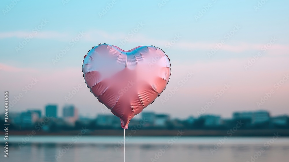 Fototapeta premium Transgender Day of Visibility concept. Glowing Heart Shaped Transgender Pride Balloon Drifting in Dreamlike Urban Skyline