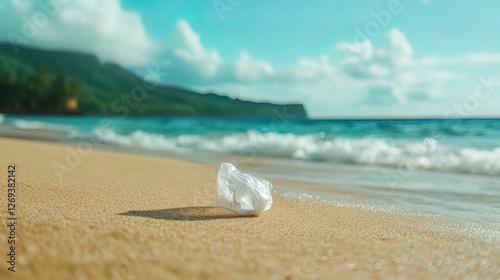Plastic pollution awareness a solitary piece of waste on a serene beach nature scene coastal environment close-up view