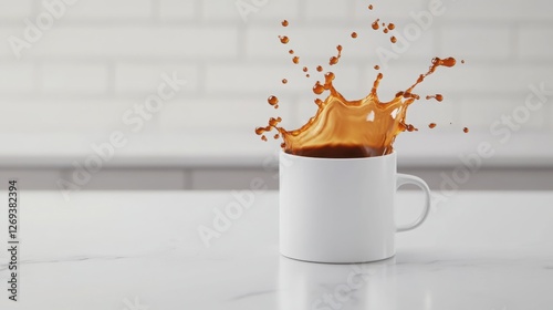 A freshly brewed coffee cup tipping over in slow motion, sending a dramatic wave of rich