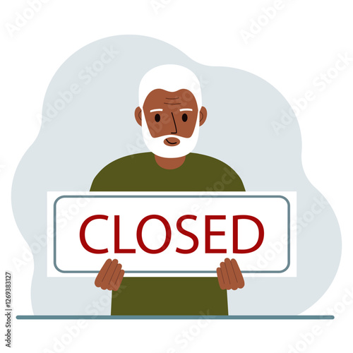 A man holds a sign with the text Closed in his hands. Vector flat illustration