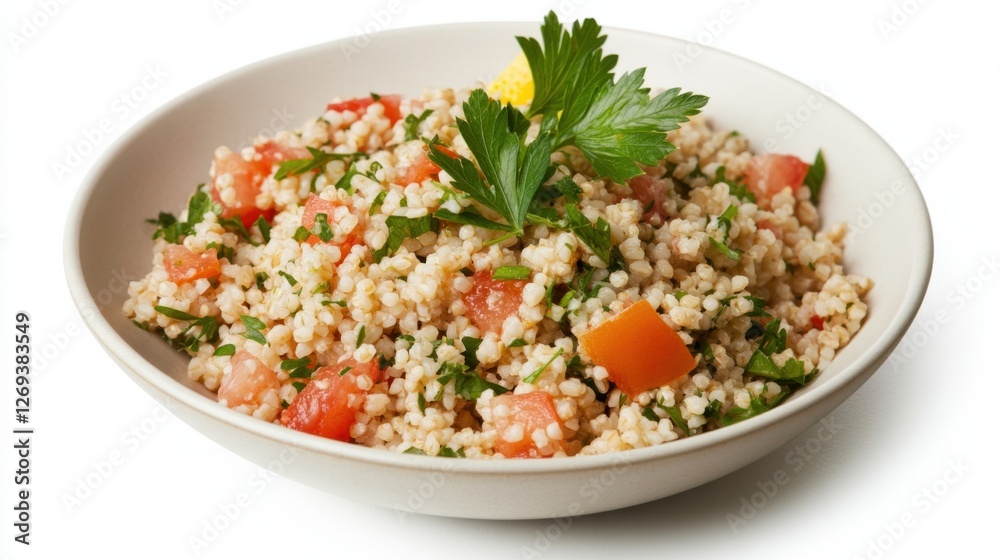 Fresh tabbouleh salad with couscous, tomatoes, and parsley in white bowl Fresh tabbouleh salad with couscous, tomatoes, and parsley in white bowl