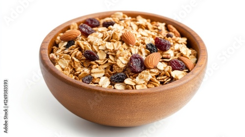 Healthy granola with almonds and raisins in wooden bowl on white background