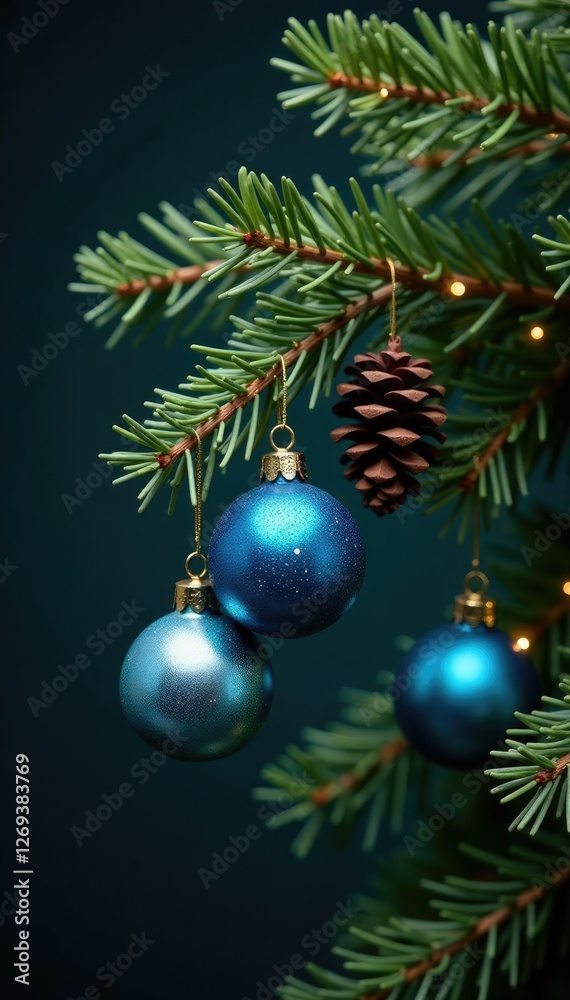 A fragrant fir branch is intertwined with blue glass baubles and pinecones, foliage, branches A fragrant fir branch is intertwined with blue glass baubles and pinecones, foliage, branches