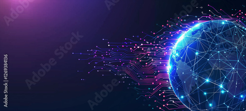 Abstract digital background with a blue and purple color scheme, featuring glowing lines forming global network connections on the right side of an abstract planet