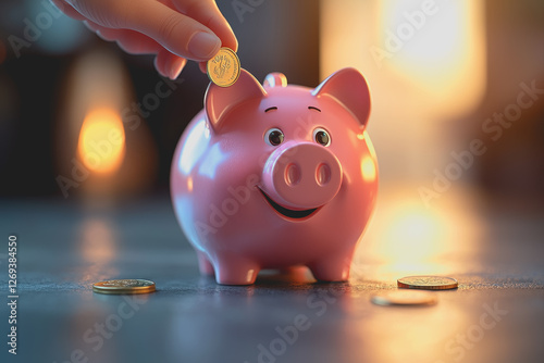 Hand inserting coin into pink piggy bank concept of saving money and financial planning photo