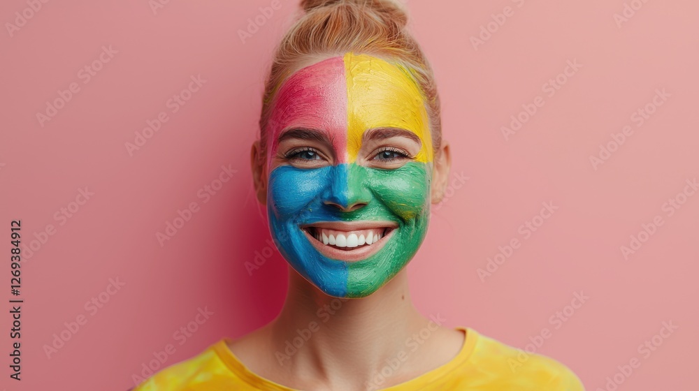 Transgender Day of Visibility concept. Vibrant Transgender Pride Face Makeup Portrait with Bold Colors and Expressive Emotion Transgender Day of Visibility concept. Vibrant Transgender Pride Face Makeup Portrait with Bold Colors and Expressive Emotion