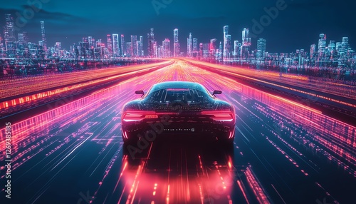 Nextgen selfdriving car, IoTconnected smart navigation, AIenhanced road hazard detection, topdown futuristic interface, glowing sensor grid, hyperdetailed cyberpunk highway, 8K photo