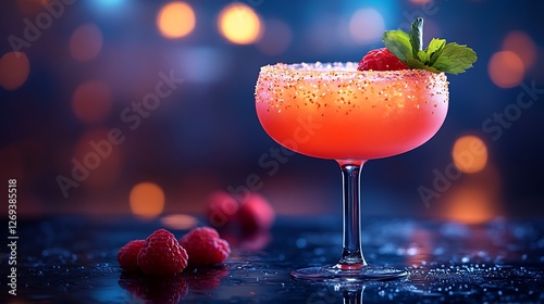 Close up of a bright neon cocktail with a sophisticated nightlife theme