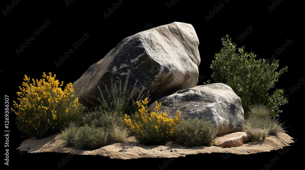 Rocky desert landscape with boulders and desert shrubs isolated on black background Rocky desert landscape with boulders and desert shrubs isolated on black background