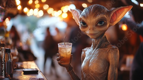 Friendly alien drinking a drink at a bar in a nightclub