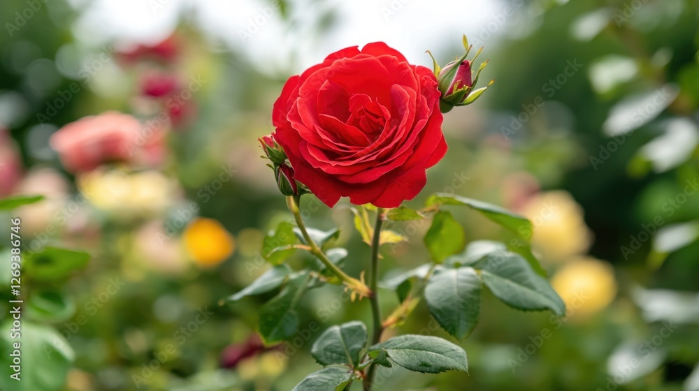 Red rose blooming in garden, blurred background, nature beauty, romantic card Red rose blooming in garden, blurred background, nature beauty, romantic card