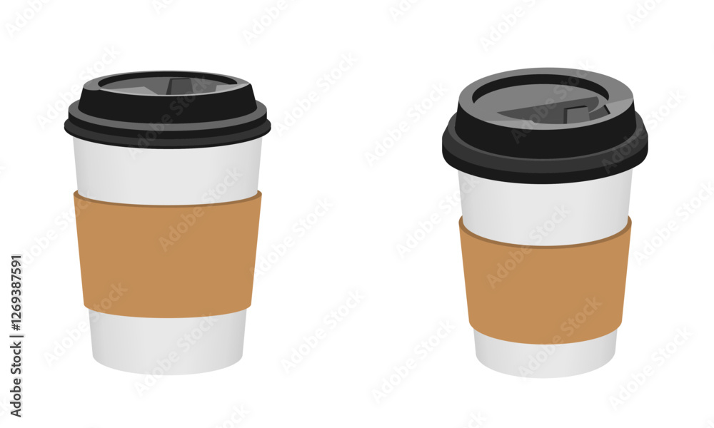 disposable coffee cup with lid set in different view, vector illustration isolated on white background. disposable coffee cup with lid set in different view, vector illustration isolated on white background.