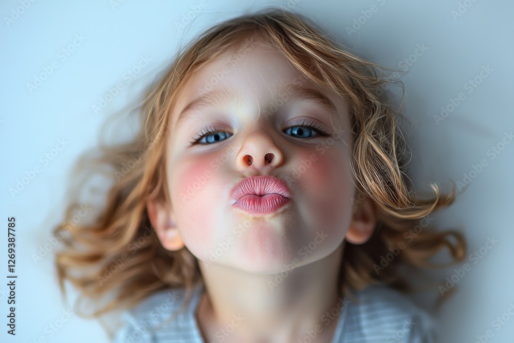 Adorable little girl with blonde wavy hair and blue eyes blowing a kiss, close-up portrait against a light background showcases her innocence and charm. Adorable little girl with blonde wavy hair and blue eyes blowing a kiss, close-up portrait against a light background showcases her innocence and charm.