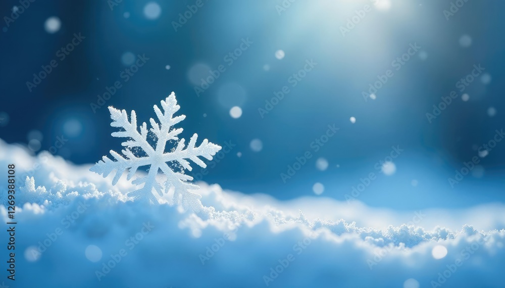 Delicate snowflake falls gently on blue surface, serene, winter Delicate snowflake falls gently on blue surface, serene, winter
